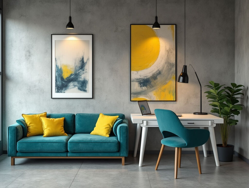 Teal and yellow office space in an industrial setting